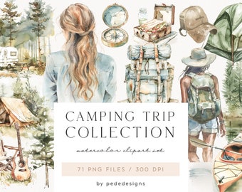 Collection Camping Trip, clipart aquarelle, pêche png, graphiques png de voyage, dans la nature, sac à dos, terrain de camping, sentier de randonnée, téléchargement