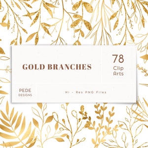 Gold branches, gold foil clip art, glitter leaves, golden leaves, design elements, botanical png, gold clipart, hand drawn, download