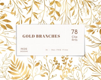 Gold branches, gold foil clip art, glitter leaves, golden leaves, design elements, botanical png, gold clipart, hand drawn, download