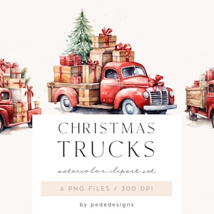 Clipart Christmas Trucks, aquarel kerstmis, winter clipart, rode vrachtwagen png, aquarel kerstcadeaudozen, kerstavond, download