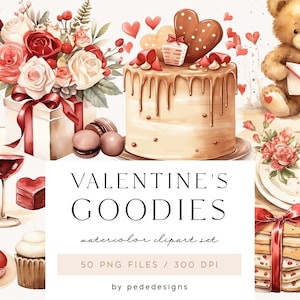 Aquarell Valentinstag Goodies Clipart, Aquarell romantische Clipart, Süßigkeiten, Kuchen, Teddybär, Valentinstag, Download