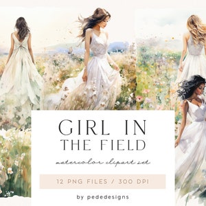Mädchen auf dem Feld, Aquarell Clipart, Aquarell Frühling, Hochzeit Clipart, Aquarell Frau, weißes Kleid, Braut png, Einladung, Download