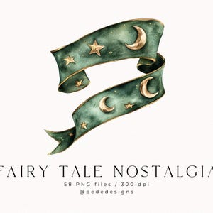 Peut inclure: Une illustration aquarelle d'un ruban vert avec des accents dor&eacute;s. Le ruban est d&eacute;cor&eacute; d'&eacute;toiles dor&eacute;es et de croissants de lune. Le ruban est enroul&eacute; et fluide. Le texte "FAIRY TALE NOSTALGIA" est &eacute;crit sous le ruban.