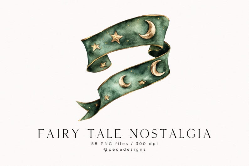 Peut inclure: Une illustration aquarelle d'un ruban vert avec des accents dor&eacute;s. Le ruban est d&eacute;cor&eacute; d'&eacute;toiles dor&eacute;es et de croissants de lune. Le ruban est enroul&eacute; et fluide. Le texte "FAIRY TALE NOSTALGIA" est &eacute;crit sous le ruban.