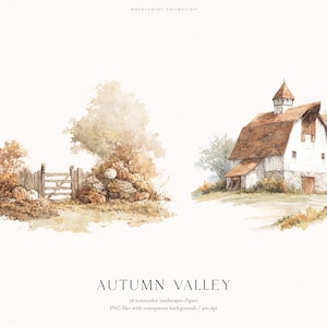 以下が含まれることがあります： AUTUMN VALLEYと題されたデジタル水彩イラストセット。茶色の屋根の白い納屋、木製の柵、そして茶色、オレンジ、落ち着いた緑の色合いの秋の紅葉に囲まれたカボチャのコレクションが描かれています。