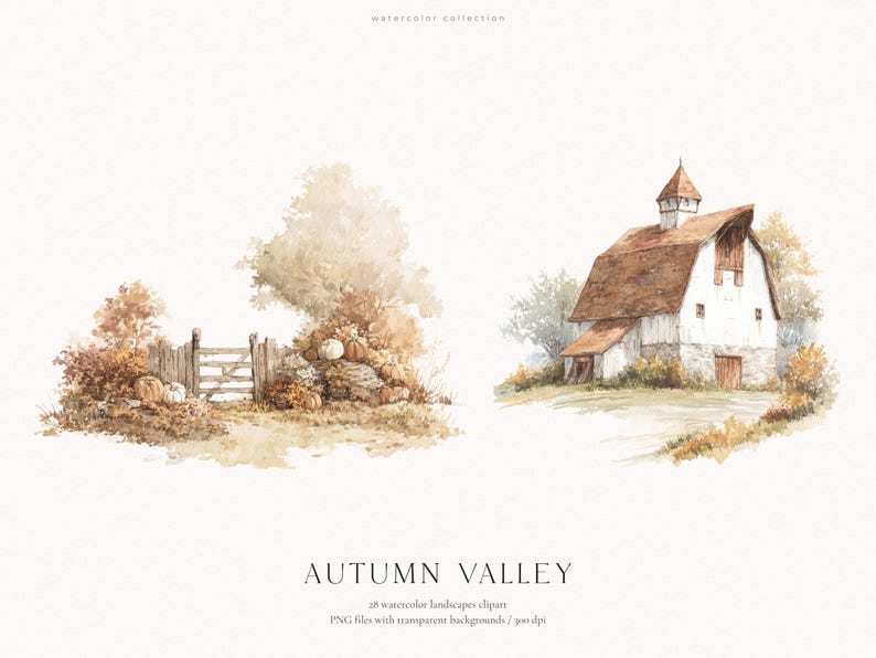 以下が含まれることがあります： AUTUMN VALLEYと題されたデジタル水彩イラストセット。茶色の屋根の白い納屋、木製の柵、そして茶色、オレンジ、落ち着いた緑の色合いの秋の紅葉に囲まれたカボチャのコレクションが描かれています。
