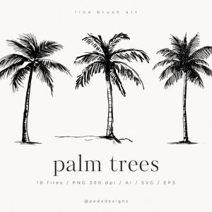 Arte de pincel de línea, clipart de palmeras, gráficos exóticos, arte lineal, línea fina, vacaciones de verano, archivos SVG, png de álbum de recortes, png de viaje, descargar