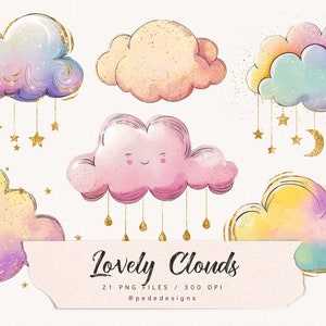 Puede incluir: Un conjunto de 21 ilustraciones digitales de nubes de acuarela con detalles de purpurina dorada. Las nubes son de diferentes formas y tamaños, algunas con estrellas y lunas colgando de ellas. El texto "Lovely Clouds" está escrito en cursiva sobre un fondo rosa.