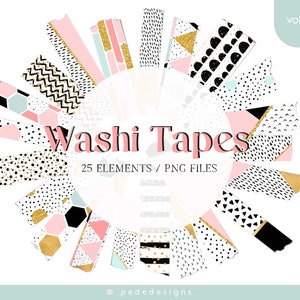 Washi Tapes Clip Art, digitale elementen, PNG-bestanden, GoodNotes-stickers, digitale planner, plakboek, stippen, gouden glitter, verijdeld, downloaden