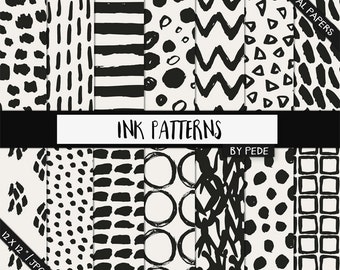 Black and white digital papers, brush marks digital paper, ink patterns, circles, triangles, chevron, stripes, download