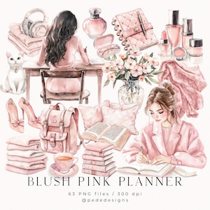 Blush Pink Planner, clipart acquerello, clipart png ragazza planner, tazza da caffè, scrivania, clipart libri, topo di biblioteca, coperta, diario, download