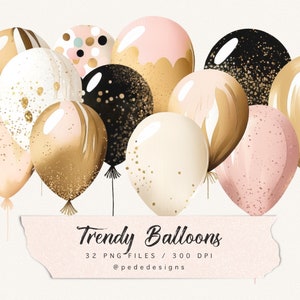 Trendy Luftballons Clipart, gold, rosa, champagner, schwarz, Party Luftballons, Glitzer Clipart, Sparkle Elements, Feierlichkeiten Clipart, download