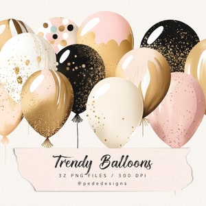 Trendy balloons clipart, gold, pink, champagne, black, party balloons, glitter clipart, sparkle elements, celebrations clipart, download