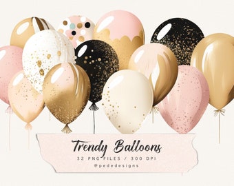 Trendy Balloons Clipart Set | Pink, Gold & Black Party Decor