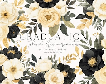 Compositions florales de la collection Graduation, fleurs à l'aquarelle, clipart floral noir et or, clipart bouquet de mariage, pivoines, téléchargement