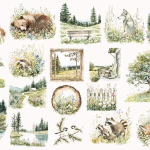 May include: A collection of watercolor illustrations featuring woodland animals and scenes. The illustrations include a deer, a bear, a wolf, a raccoon, a fox, a bird, a tree, a bench, a window, a porch, a fence, and a river.