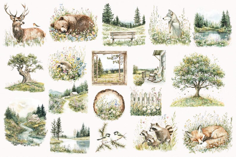 May include: A collection of watercolor illustrations featuring woodland animals and scenes. The illustrations include a deer, a bear, a wolf, a raccoon, a fox, a bird, a tree, a bench, a window, a porch, a fence, and a river.