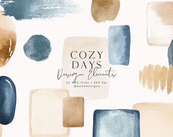 Cozy Days Aquarell Clipart: Beige, Blau, Braune Design-Elemente (PNG Digitale Aufkleber Download)