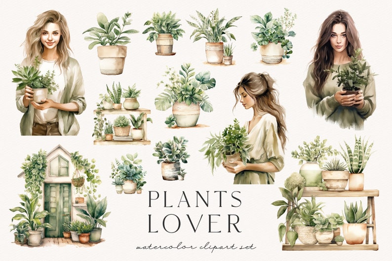 以下が含まれることがあります： 植物と植物を持っている女性の水彩画クリップアートセット。セットには、さまざまな鉢植えの植物、植物を持っている女性、植物を持っている女性、植物のある家が含まれています。テキスト「PLANTS LOVER watercolor clipart set」は画像の下にあります。