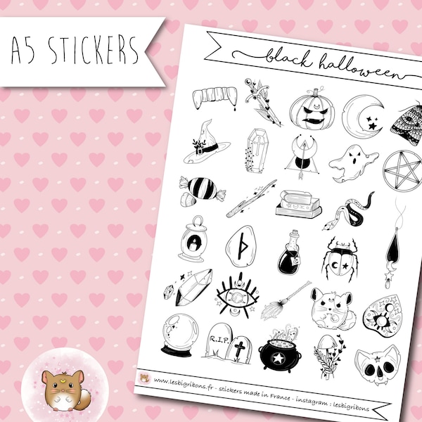 Stickers Black Halloween - planche d'autocollants halloween en noir et blanc