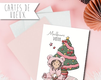 Carte de voeux "Meilleurs Voeux" - Illustration petite fille et sapin de Noël - collection Noël Mignon