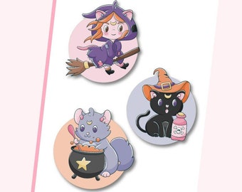 Grands stickers Halloween – Sorcière, chat et chinchilla.