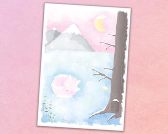 Tarjeta ilustrada Zorro en la nieve - Ilustración Zorro en un paisaje invernal
