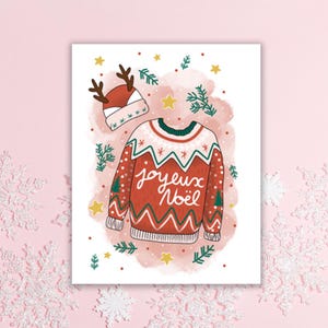Carte de voeux "Joyeux Noël" - Illustration pull de Noël et bonnet cerf