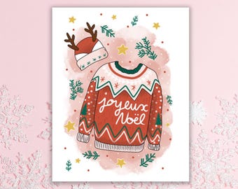 Carte de voeux "Joyeux Noël" - Illustration pull de Noël et bonnet cerf