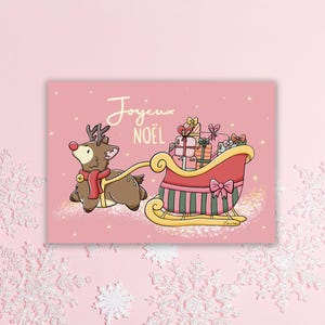 Carte de voeux "Joyeux Noël" - Illustration renne et traineau du Père Noël - collection Noël Mignon