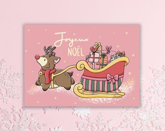 Carte de voeux "Joyeux Noël" - Illustration renne et traineau du Père Noël - collection Noël Mignon
