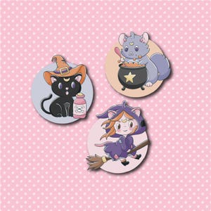 Grands stickers Halloween – Sorcière, chat et chinchilla.