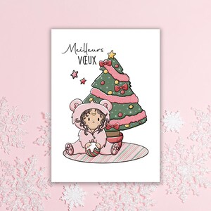 Carte de voeux "Meilleurs Voeux" - Illustration petite fille et sapin de Noël - collection Noël Mignon