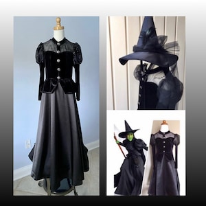 May include: A black witch costume with a long, flowing skirt and a velvet bodice with pearl-like buttons. The costume includes a matching pointed hat with a tulle veil. The outfit is displayed on a mannequin.