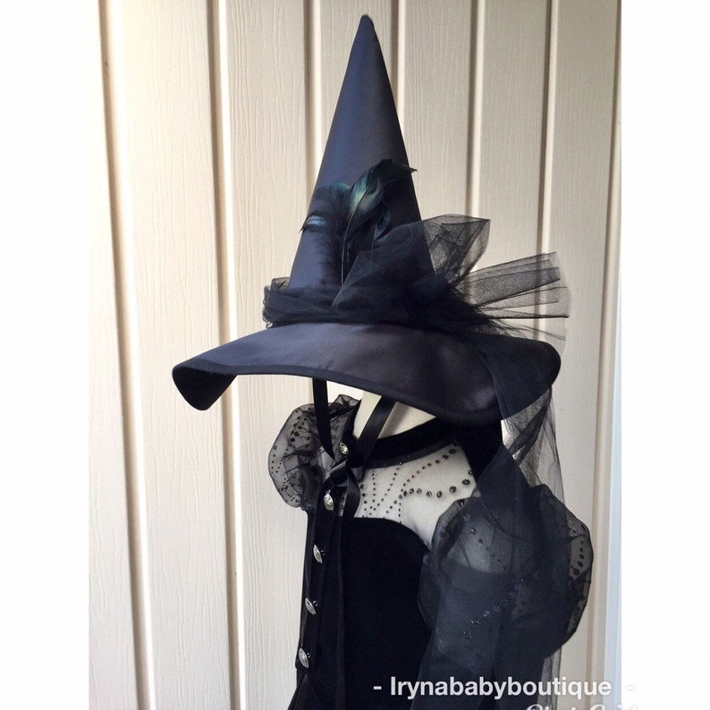 May include: A navy blue witch's hat with a wide brim, decorated with black tulle and feathers. The hat is on a black dress with sheer sleeves and decorative buttons, suitable for a gothic or Halloween costume.