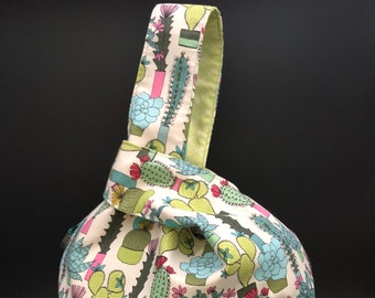 FREE SHIPPING Ready to Ship: LARGE Knitting Bag Japanese knot bag Succulents Sock Knitting Yarn Bag Handmade Reversible Project Bag Gift