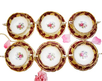 Formal Dinnerware English Bone China Floral Soup Bowls Set of 6 Red Yellow Paragon Double Handled Soup Bowls with Saucers