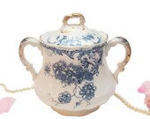 Antique Colonial Pottery Jar, Blue Floral Transferware Jar, Double Handled, Made in England, Sugar Jar