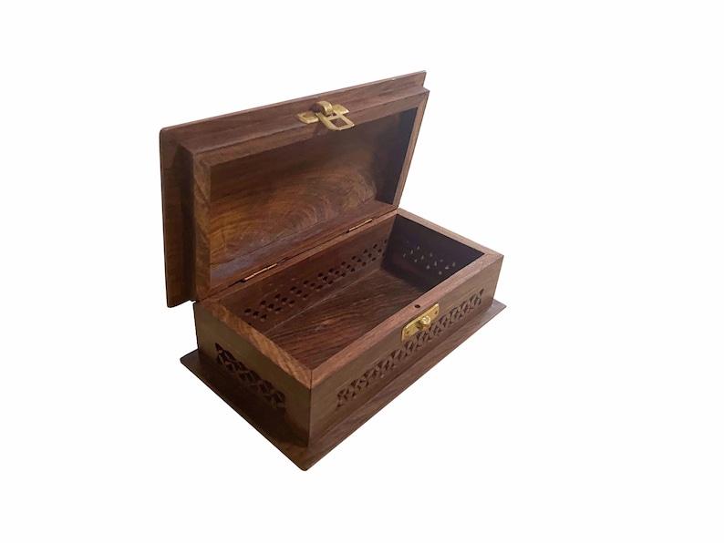 Vintage Wooden Box with Inlaid Brass and Hand Carved Flowers Keepsake Box