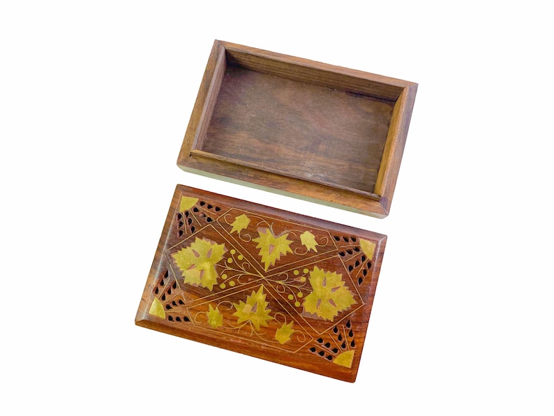 Handmade Jewelry Box Keepsake Box Pierced Wooden Trinket Box with Inlaid Brass