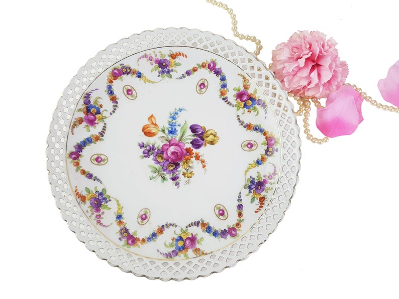 Made in Germany Filigree Plate Shabby Chic Reticulated Plate Ornate Schumann Decor Plate with Lots of Colorful Flowers