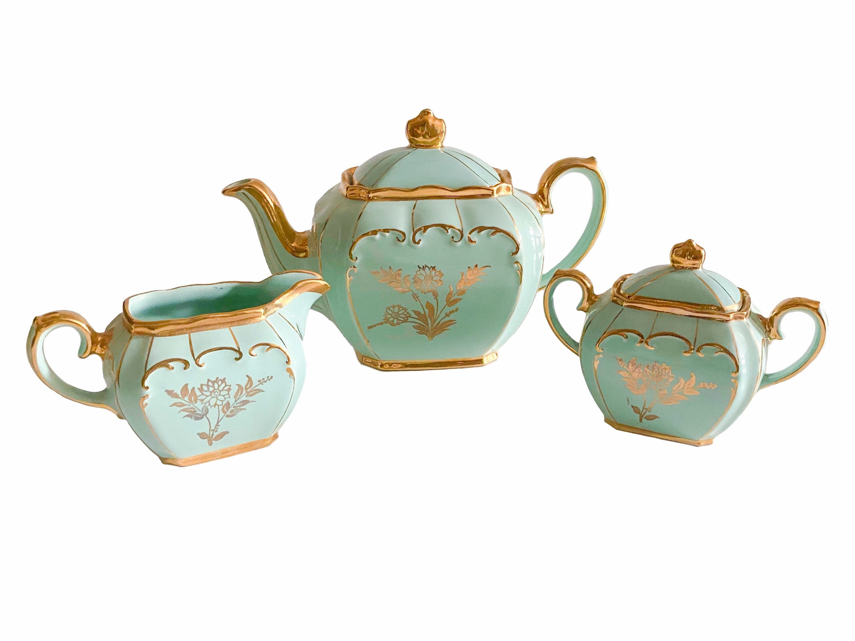 Sadler Cube Tea Set Mint Green Gold Floral 4cup Teapot Etsy