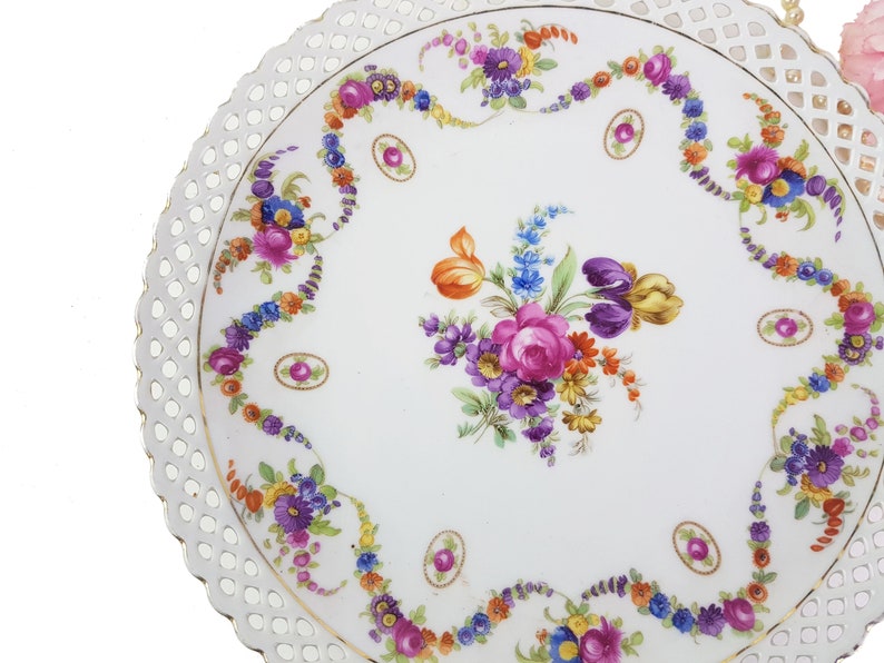 Made in Germany Filigree Plate Shabby Chic Reticulated Plate Ornate Schumann Decor Plate with Lots of Colorful Flowers