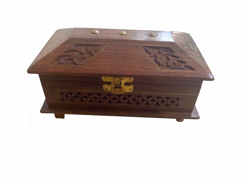 Vintage Wooden Box with Inlaid Brass and Hand Carved Flowers Keepsake Box