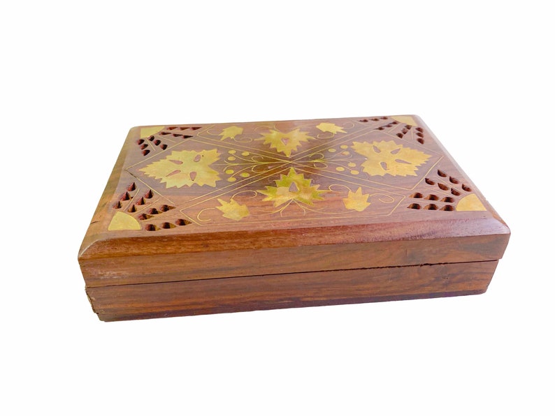 Handmade Jewelry Box Keepsake Box Pierced Wooden Trinket Box with Inlaid Brass