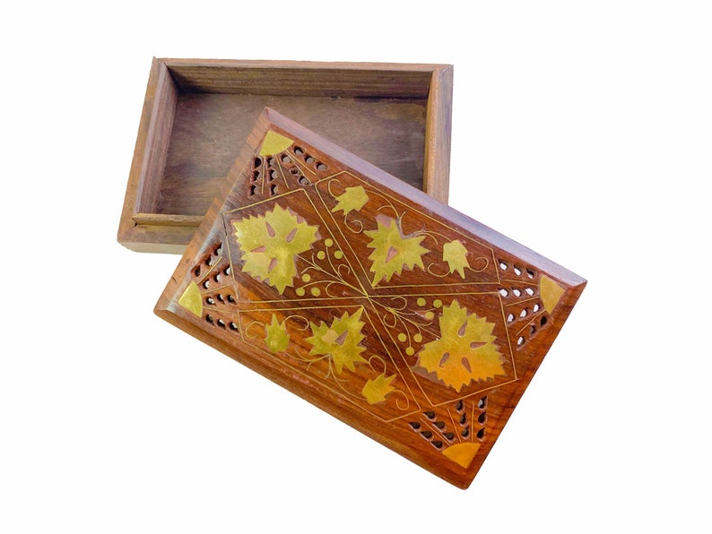 Handmade Jewelry Box Keepsake Box Pierced Wooden Trinket Box with Inlaid Brass