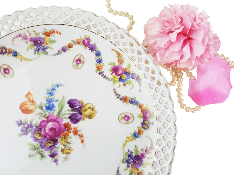 Made in Germany Filigree Plate Shabby Chic Reticulated Plate Ornate Schumann Decor Plate with Lots of Colorful Flowers