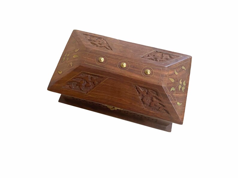 Vintage Wooden Box with Inlaid Brass and Hand Carved Flowers Keepsake Box
