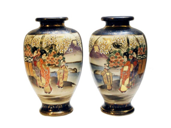 Pair Of Antique Satsuma Vases Cobalt Blue Hand Painted Geisha Etsy