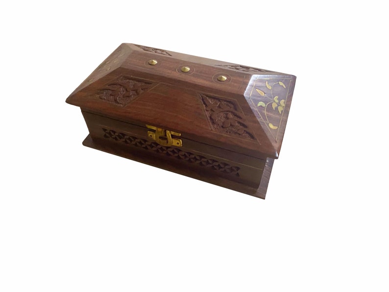Vintage Wooden Box with Inlaid Brass and Hand Carved Flowers Keepsake Box